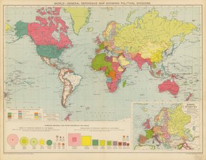 Världen, allmän referenskarta som visar politiska indelningar (färglitografi) av English School