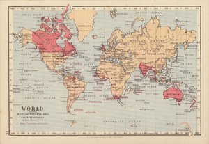 Världen visar Brittiska besittningar och beroende områden (färglitografi) av English School