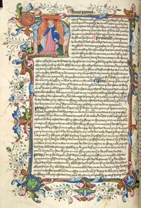 Yates Thompson 48, f.172v Historiserad initial "N"(ostre) av Henrik V, och en hel bladbård, i början av hans stadgar, från "Nova Stauta" (pergament) av English School