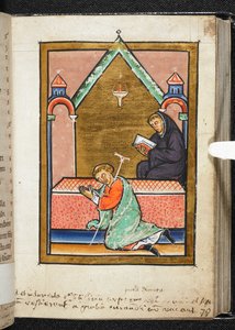 Yates Thompson Ms 26, f.79 r Cripple ber vid graven av St Cuthbert, illustration från 