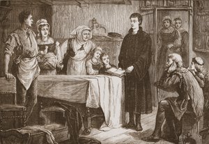Unga Calvin förklarar Bibeln för en familj i Bourges, illustration från The History of Protestantism av James Aitken Wylie (1808-1890), pub. 1878 av English School