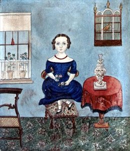 Ung flicka dansar på en stol i en interiör, ca 1840 (akvarell på papper) av English School