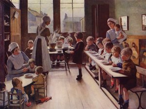 Små barn vid måltid i en dagis (färg litho) av English School