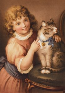 Ung flicka med en katt (chromolitho) av English School