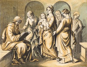 Zacharias som namnger Johannes Döparen (färgad gravyr) av English School