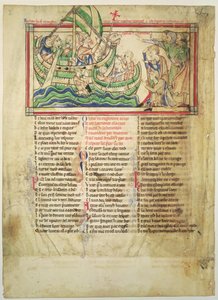 f.4v Thomas a Becket landar vid Sandwich och välsignar vattnet, från Becket Leaves, c.1220-40 av English School