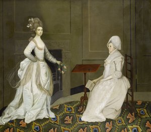 Två damer i en interiör, en läser, den andra håller i en krans av blommor av English School, 18th Century