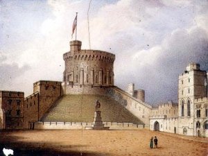 Worcester-plakett föreställande Round Tower, Windsor Castle, ett i ett par, ca 1830-40 (porslin) (för par se 72834) av Enoch Doe