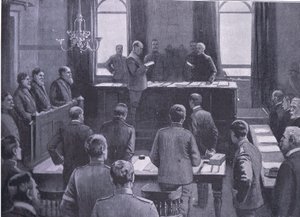 En rättegång för förräderi i Bloemfontein, från After Pretoria: The Guerilla War publicerad av Harmsworth Bros Limited, 1901 av Enoch Ward