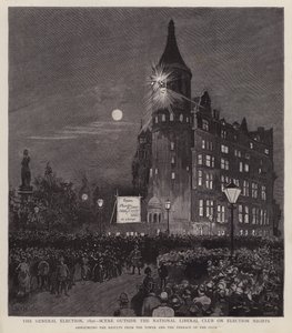 Tillkännagivande av resultatet av 1892 års allmänna val från Liberal Club, Westminster, London (litho) av Enoch Ward