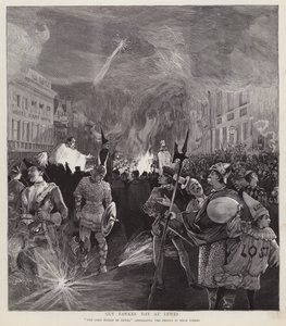 Guy Fawkes Day procession i Lewes, Sussex, 5 november 1892 (litho) av Enoch Ward