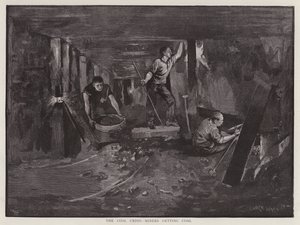 Gruvarbetare som arbetar under jorden vid kolytan (litho)