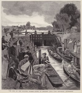 Slutet av båtsäsongen: scen vid Molesey Lock vid Themsen, Surrey (litho)