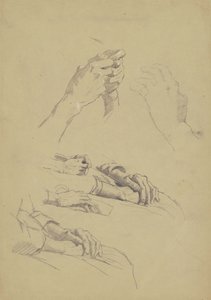 Six Studies of Hands, ca 1870-90 (grafit och krita på brunt vävt papper)