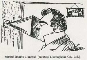 Caruso gör sin första grammofoninspelning, 1902 (teckning) av Enrico Caruso