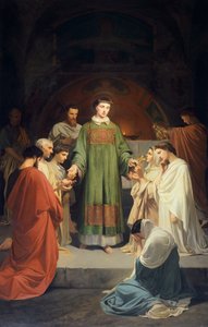 Allmosor från St. Lawrence, av Enrico Pollastrini (1817-1876), Church of Saint Mary of Help, Livorno, Italien av Enrico Pollastrini