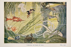Ciuffettino på havsbotten, illustration från The Adventures of Ciuffettino av Enrico de Conti Novelli