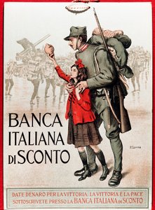 Första världskriget: Italiensk affisch som uppmuntrar ett nationellt lån som föreställer en soldat med en liten flicka som erbjuder sin lira - Illustration av Enrico della Leonessa (lejoninna) (1875-1921)