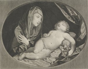 Jungfrun med armarna i kors över bröstet och tittar på det sovande spädbarnet Kristus, i..., 1770-1834. av Ephraim Gottlieb Krüger