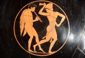 Drinking Cup, Kylix of Girl Dancing with Youth Playing Flöjt, Attic, c510 BC av Epikektos