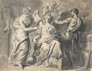 En allegori över konsterna med Isis och geometri som deltar i den trehövdade figuren av..., 1600-talet