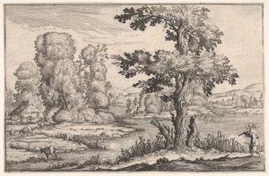Landskap med getter som betar nära en flod och en figur i höger förgrund, från en ser..., 1638.