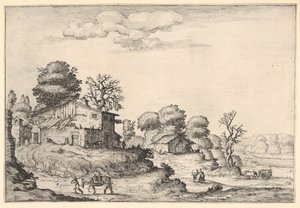 Landskap med bondebostäder och en man som leder en häst i vänster förgrund, från en ..., 1638.