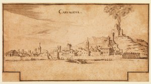 Vy över Cartagena, Spanien, ca 1642 (penna och brunt bläck på papper, med brunt bläck inramade linjer nedtill) av Ercole Frigoni Bazzicaluva