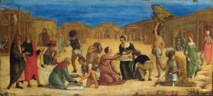 ""The Gathering of Manna in the Sinai Desert"" - Av Ercole Roberti (Ercole Ferrarese) (ca 1450-1496) Israeliterna samlar Manna Tempera på duk 1490-talets National Gallery, London 28,9x63,5