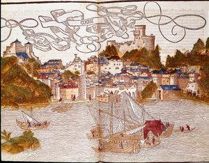 Hamnen i Korfu (Korfu) i Grekland Sidan hämtad från reseboken "" Peregrinatio in terram sanctam"" efter pilgrimsfärden i Bernard av Breydenbachs heliga land (Breidenbach) (1454-1497) illustrerad med gravyrer av Erhard Reuwich