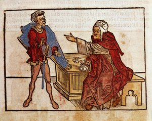 Transaktion mellan en jude och en lånehaj Sida hämtad från reseboken "" Peregrinatio in Terram Sanctam"" efter pilgrimsfärden i Bernard de Breydenbachs heliga land (Breidenbach) (1454-1497) illustrerad med gravyrer av Erhard Reuwich