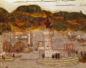 Utsikt över hamnen i Candie (dagens Heraklion) på Kreta Sida från Resornas bok "" Peregrinatio in Terram Sanctam""" efter pilgrimsfärden i Bernard de Breydenbachs heliga land (Breidenbach) (1454-1497) gravyrer av Erhard Re