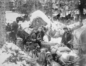 Prospektörer som går upp för Porcupine Hill på Skagway Trail, Alaska, under Klondike Gold Rush (1897-98) 1898 (s/v foto)