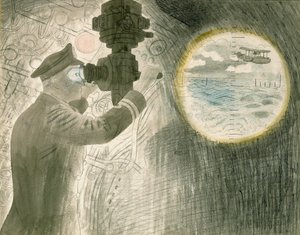 En ubåtsofficer tittar genom periskopet. Akvarell och blyerts på papper av Eric Ravilious