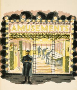 Amusement Arcade, illustration från "High Street" av J.M. Richards, tryckt av Curwen Press, publicerad av Country Life, 1938. av Eric Ravilious