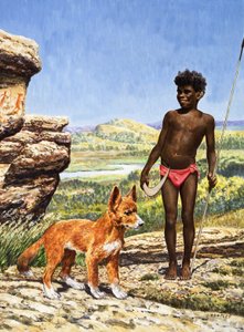 Aboriginerpojke med dingo (gouache på papper)