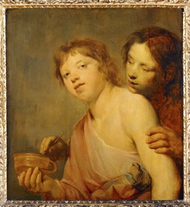 Unga människor tänder en pipa i en brazier. Allegori ... av Erich Lessing