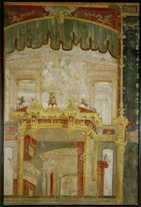 Scenografisk väggdekoration med fantastisk arkitektur och droppridå, en romersk uppfinning av Erich Lessing