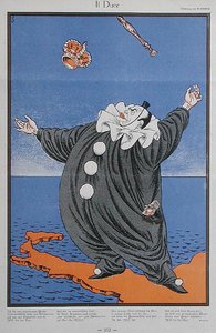Karikatyr av Benito Mussolini (1883-1945), från tidskriften Simplicissimus. 8 februari 1926 (lito i färg) av Erich Schilling