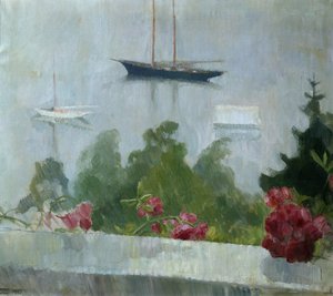 Båten, blommor på verandan av Erik Theodor Werenskiold