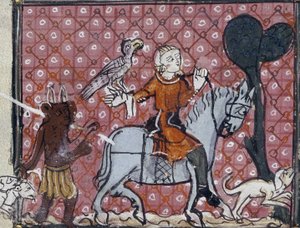 Roy 19 C I. Folio nr: 204 De världsliga fåfängligheternas synd: en ryttare med sin hök och hund närmas av en djävul. En av en uppsättning som illustrerar frestelserna, från dikter av Matfre Ermengaud, ca 1300-1320