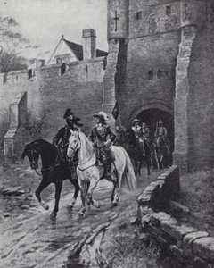Oliver Cromwell med sin armé i Bootham Bar, York när Charles II försökte återta tronen 1650 (litho) av Ernest (after) Crofts