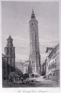Det lutande tornet, Saragossa (gravyr) av Ernest (after) George