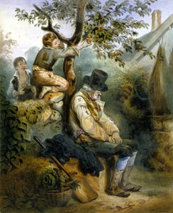 Barn som stjäl äpplen under den sovande bondens näsa - litografi av Grenier, v.1840 av Ernest (after) Grenier