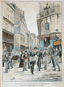 Frankrike, Paris, tidningsförsäljare i rue du Croissant i hörnet av rue du Faubourg Montmartre i Paris av Ernest Grenier, tryck från akvarell av Ernest (after) Grenier