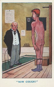 Läkare ber en naken man att hosta under en läkarundersökning (färg litho) av Ernest (after) Noble
