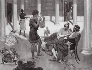 Interiören i ett grekiskt hus, IV:e århundradet f.Kr (litografi) av Ernest (after) Prater