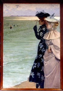 Vacker period: "" Badtid vid havet""" Två kvinnor på stranden undersöker badgästerna i kikare. Målning av Ernest Ange Duez (1843-1896) 1896 Sön. 1,06x1,6 m Rouen, musee des Beaux Arts - Belle epoque: "" Badtid vid havet"" Två kvinnor på b