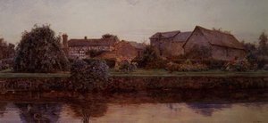 Ett hus och gårdsbyggnader vid en flod av Ernest Arthur Rowe