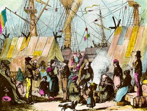Familjer med emigranter slog läger vid hamnen i Le Havre. Gravyr av Ernest Charton (1813-1905) Gravyr av 1800-talets privatsamling av Ernest Charton